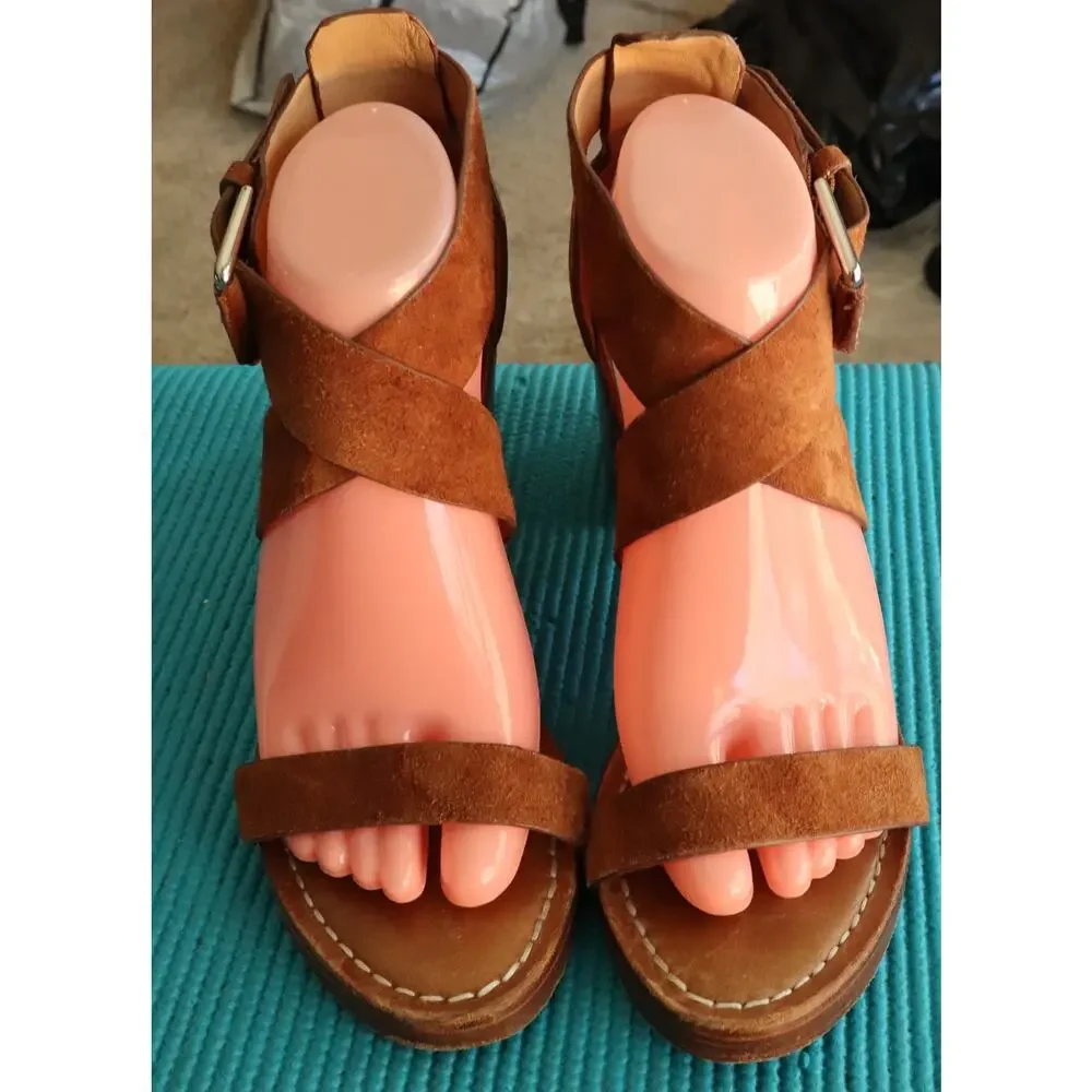Belle Sigerson Morrison Tan Cognac Brown Suede Block Heel Sandal 8.5 B Boho Clog